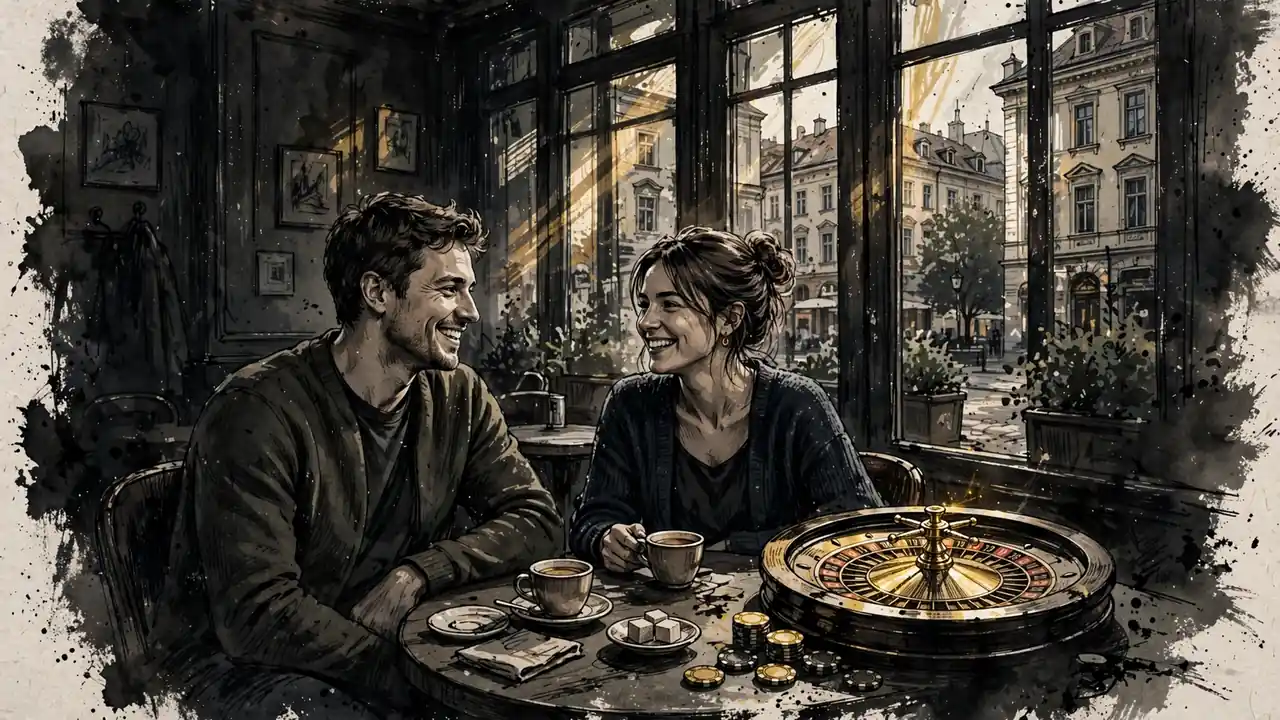 Junges österreichisches Paar in einem Café mit Roulette und Spielchips.