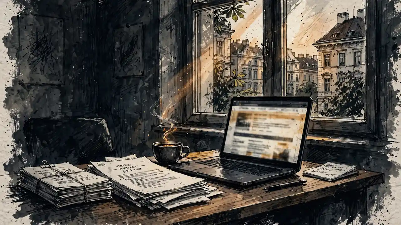 Büro in Wien mit Laptop, Rechtsdokumenten und Fensterlicht