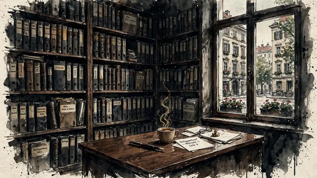 Österreichisches Rechtsbüro mit Bücherregalen und Fensterblick