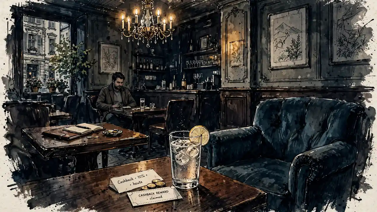 Gemütlicher Wiener Casino-Lounge mit Samtsessel und warmem Kronleuchterlicht