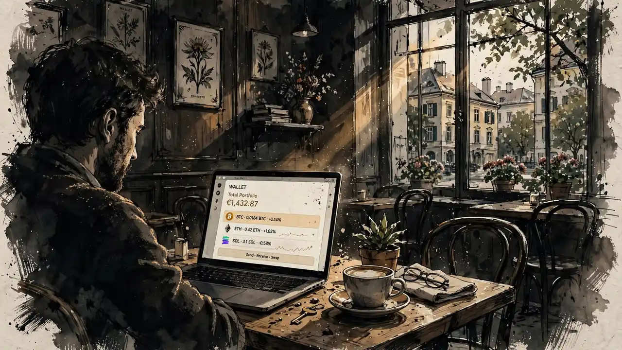 Modernes Café in Wien mit Laptop und Krypto‑Wallet