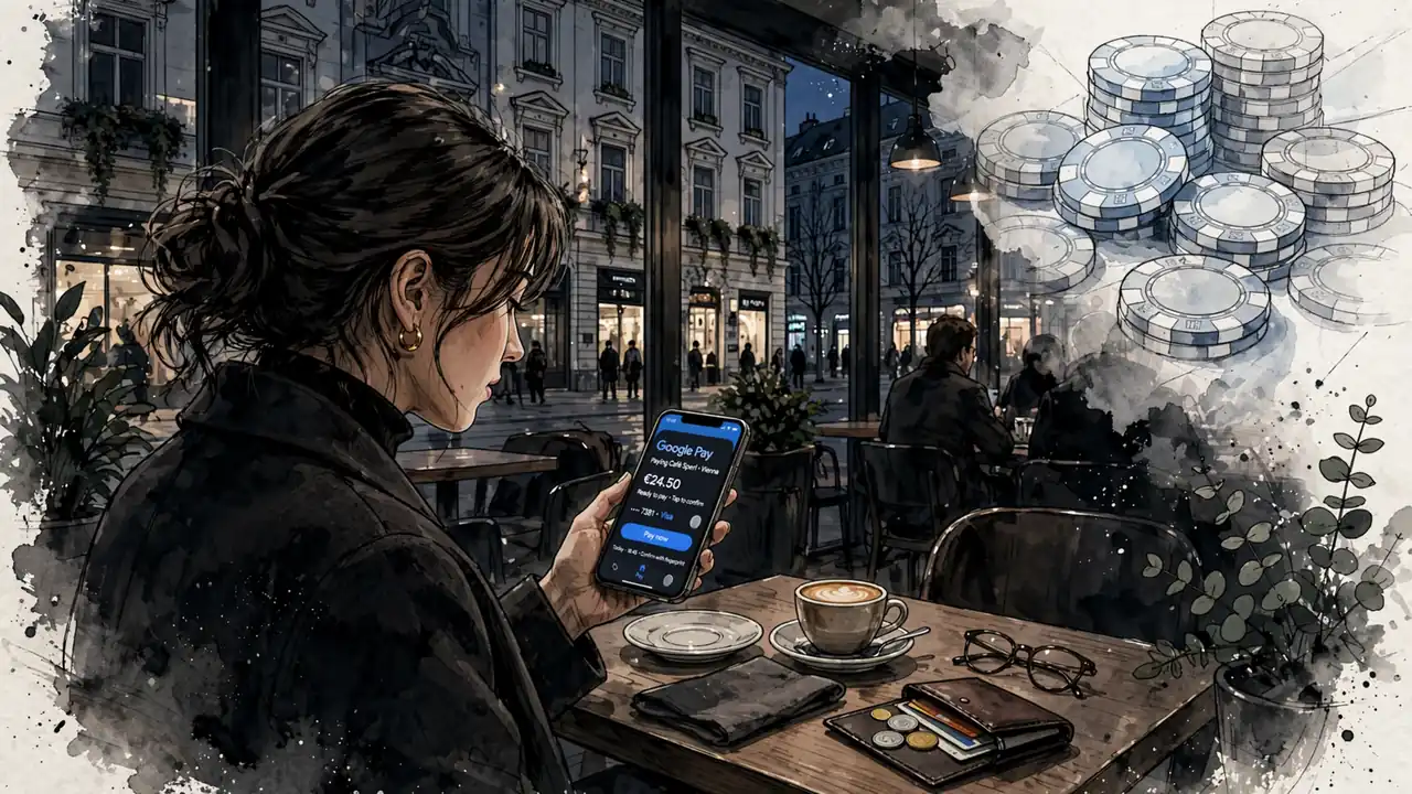 Junge Frau mit Smartphone und Google Pay in Wiener Café.
