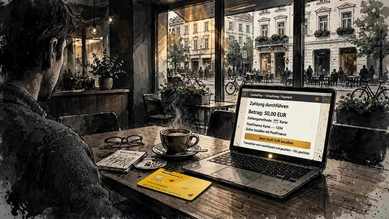 Österreichisches Café mit Laptop und PostFinance Karte