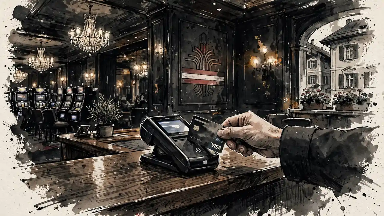 Ein elegantes Casino-Interieur in Österreich mit Visa-Kartenleser und warmem Licht.