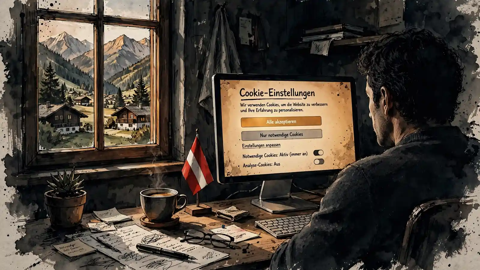 Österreichisches Büro mit Cookie‑Zustimmungsbanner auf dem Bildschirm