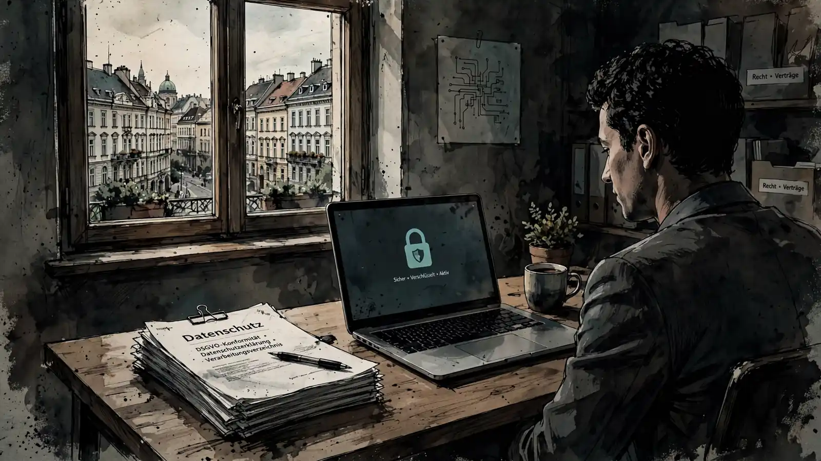 Büro in Wien mit Laptop, Datenschutzdokumenten und Stadtfenster.