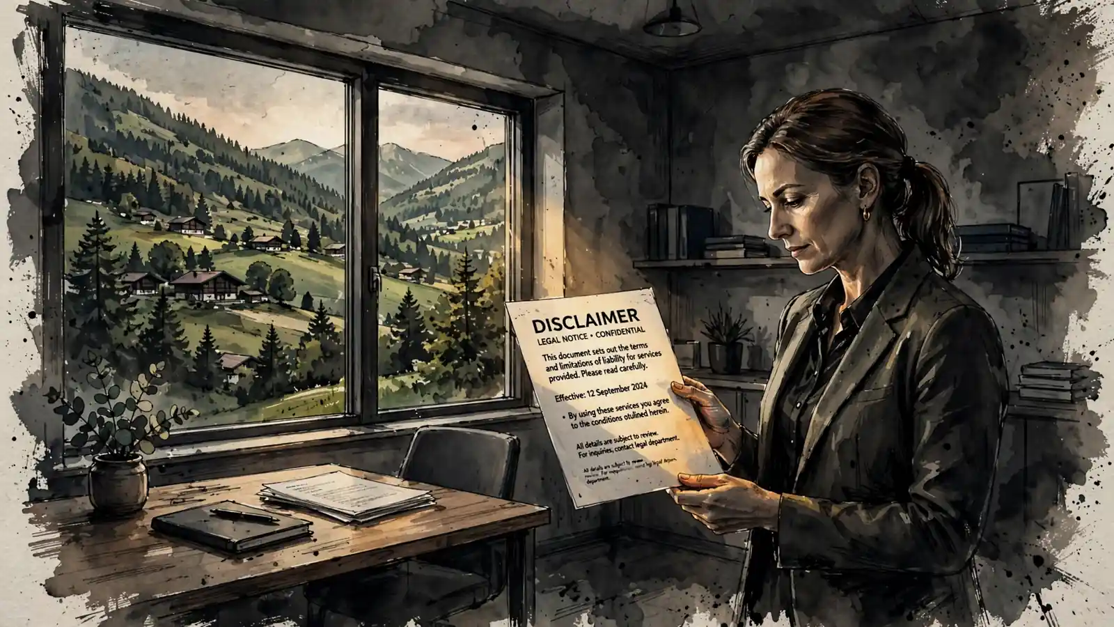Frau in österreichischem Büro mit Dokument und Alpenblick