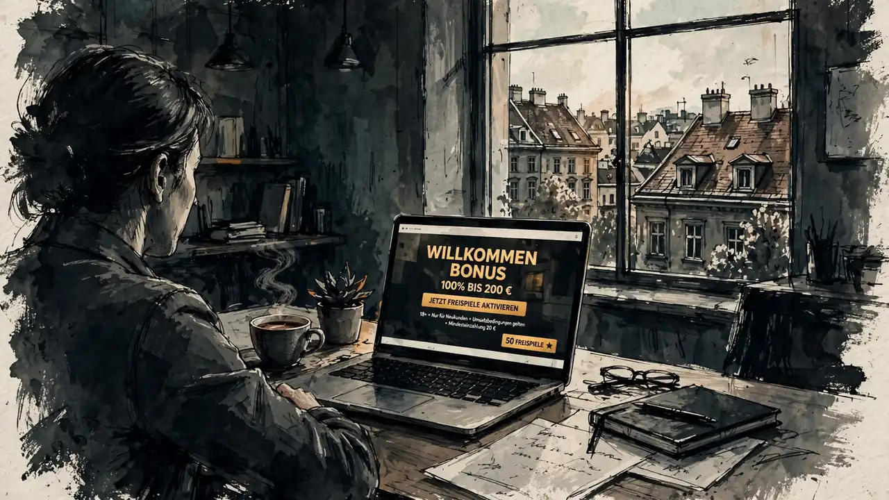 Österreichisches Büro mit Laptop, Bonusanzeige und Wiener Skyline im Hintergrund