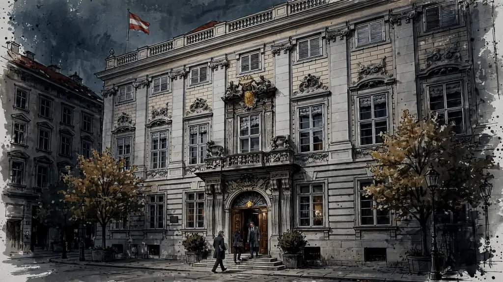Gebäude des Finanzministeriums in Wien mit österreichischer Flagge