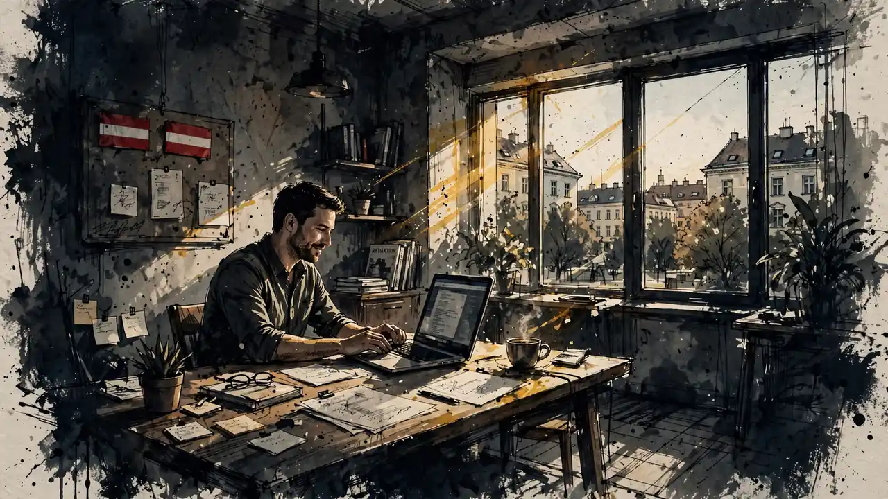 Helles Redaktionsbüro in Wien mit Fenster, Schreibtisch, Laptop und Kaffee