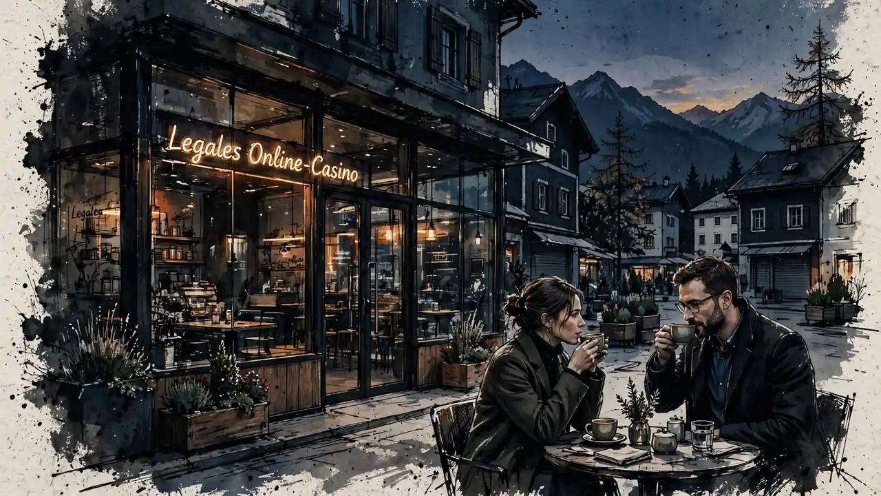 Österreichisches Café bei Dämmerlicht mit rechtlichem Online‑Casino‑Hinweis