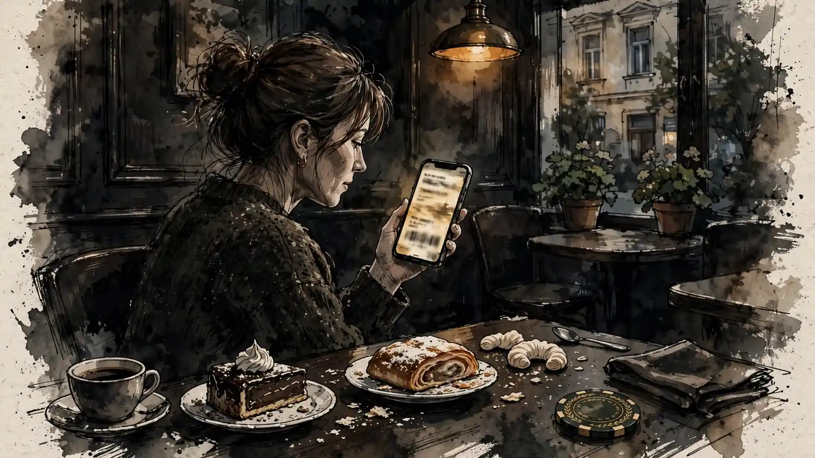 Junge Frau in einem Wiener Café hält ein Smartphone mit einem Gutschein‑Code, umgeben von Gebäck und einem Casino‑Chip