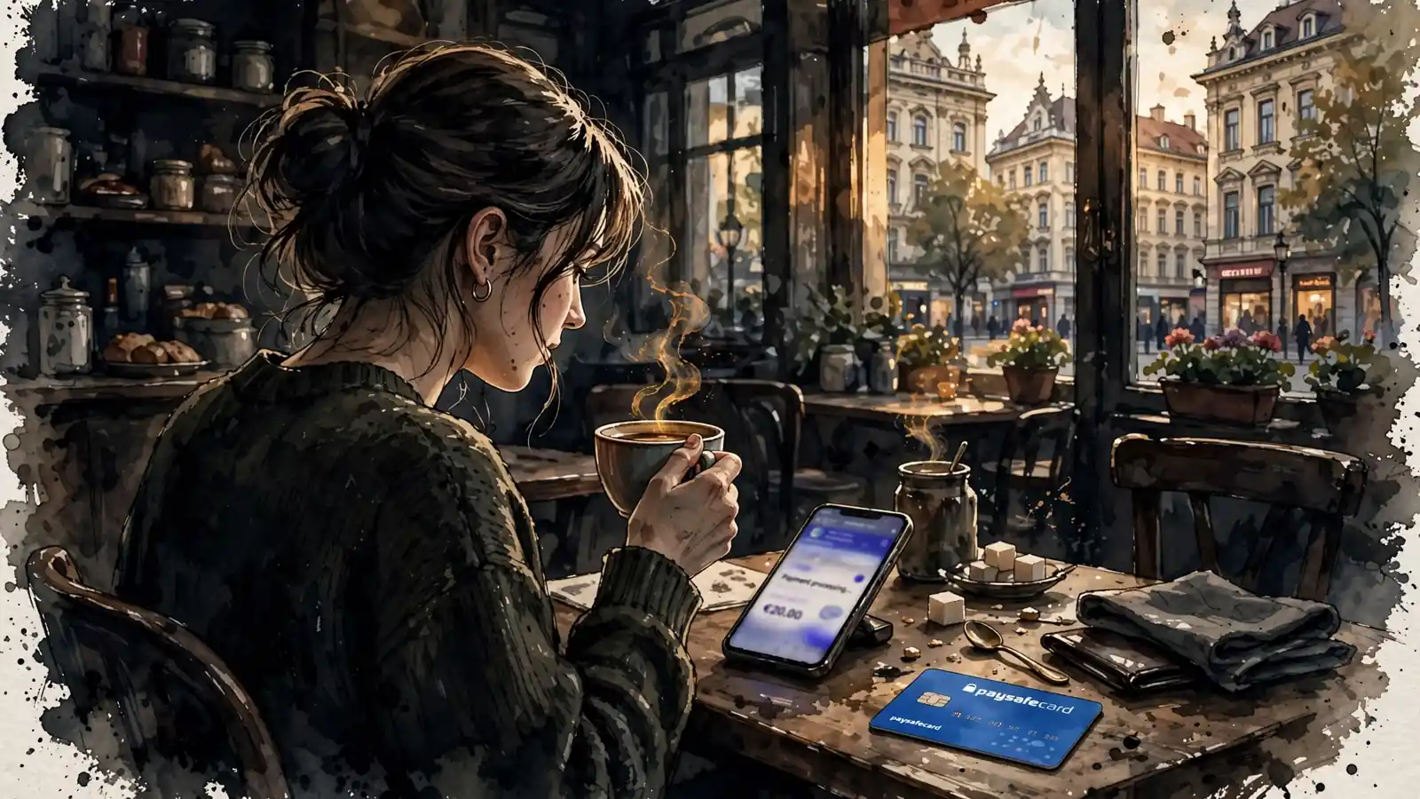 Junge Frau in einem Wiener Café mit Paysafecard und Smartphone