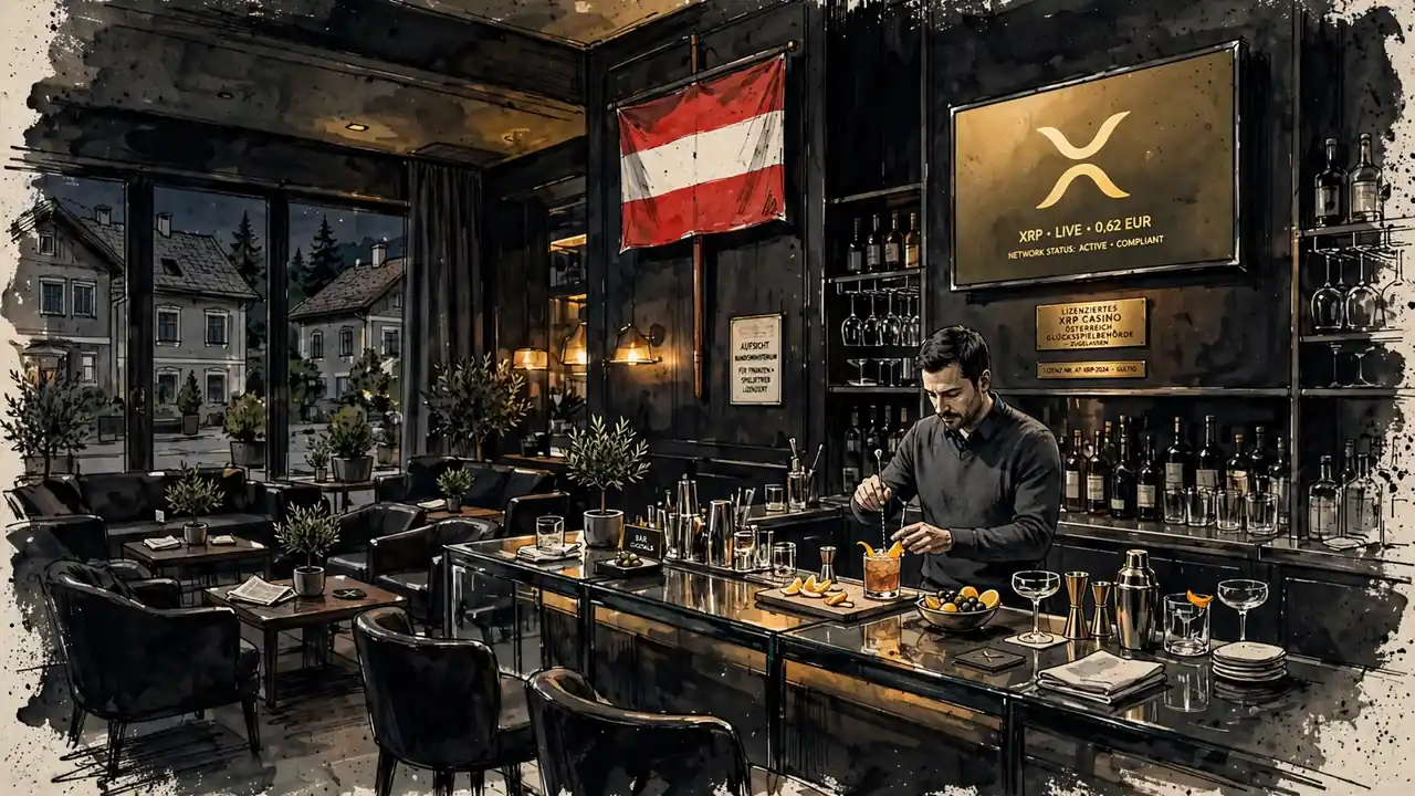Eleganter österreichischer Casino-Loungebereich mit Ripple-Logo im Hintergrund