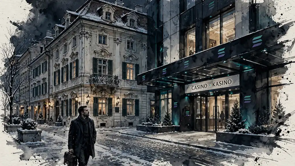 Moderne österreichische Straße mit Casino und Solana‑Symbolen im Winterlicht