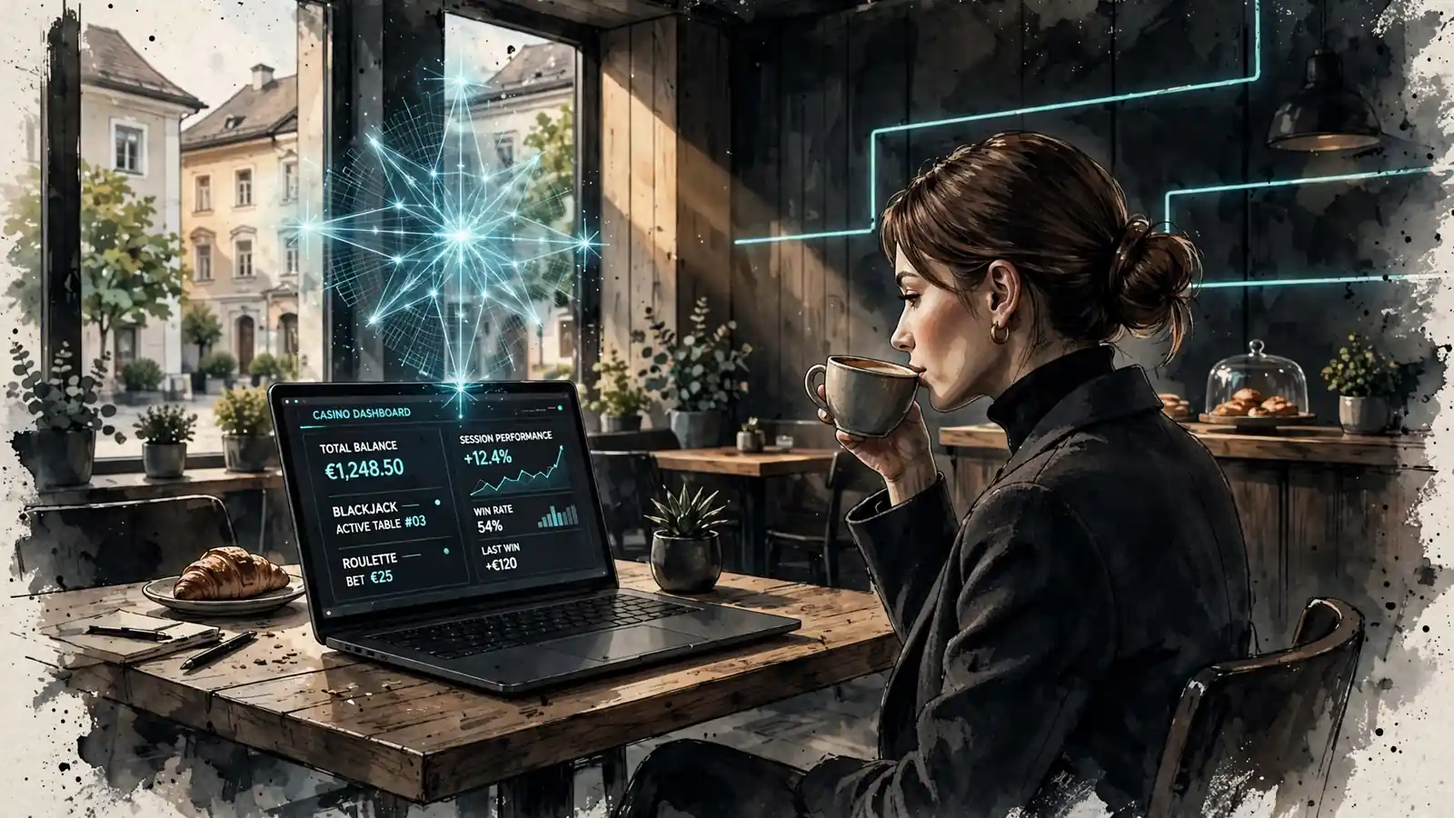 Junge Frau in modernem Wiener Café beobachtet leuchtendes Sternen-Design auf Laptop.